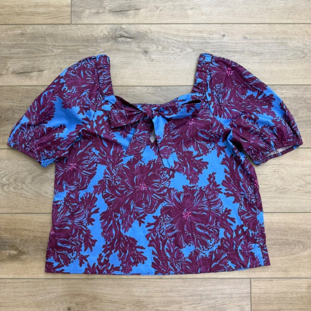 Lilly Pulitzer Torrey Top Blue Purple Floral Puff Sleeve Square Neck Blouse 14